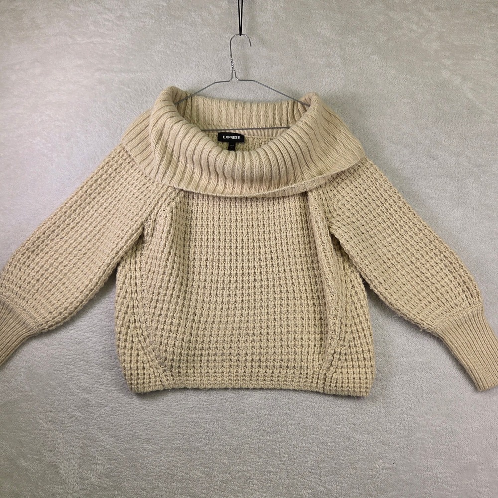 Express Womens Beige Chunky Knit Cowl Neck Balloon Sleeve Sweater Size M